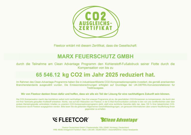 Marx Feuerschutz CO2-Zertifikat Fleetcor 2025